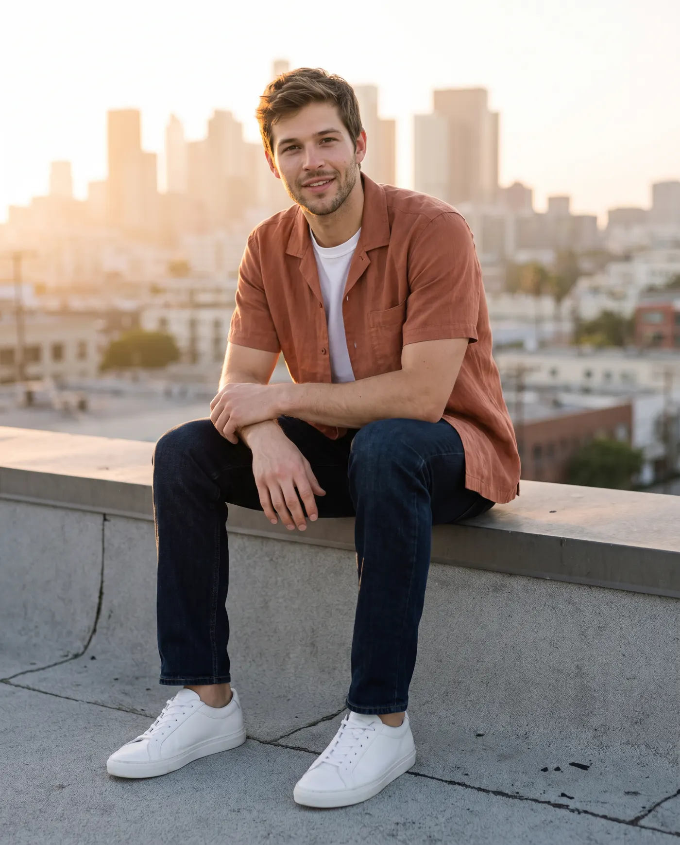 The same shirt worn sitting on a rooftop above the city