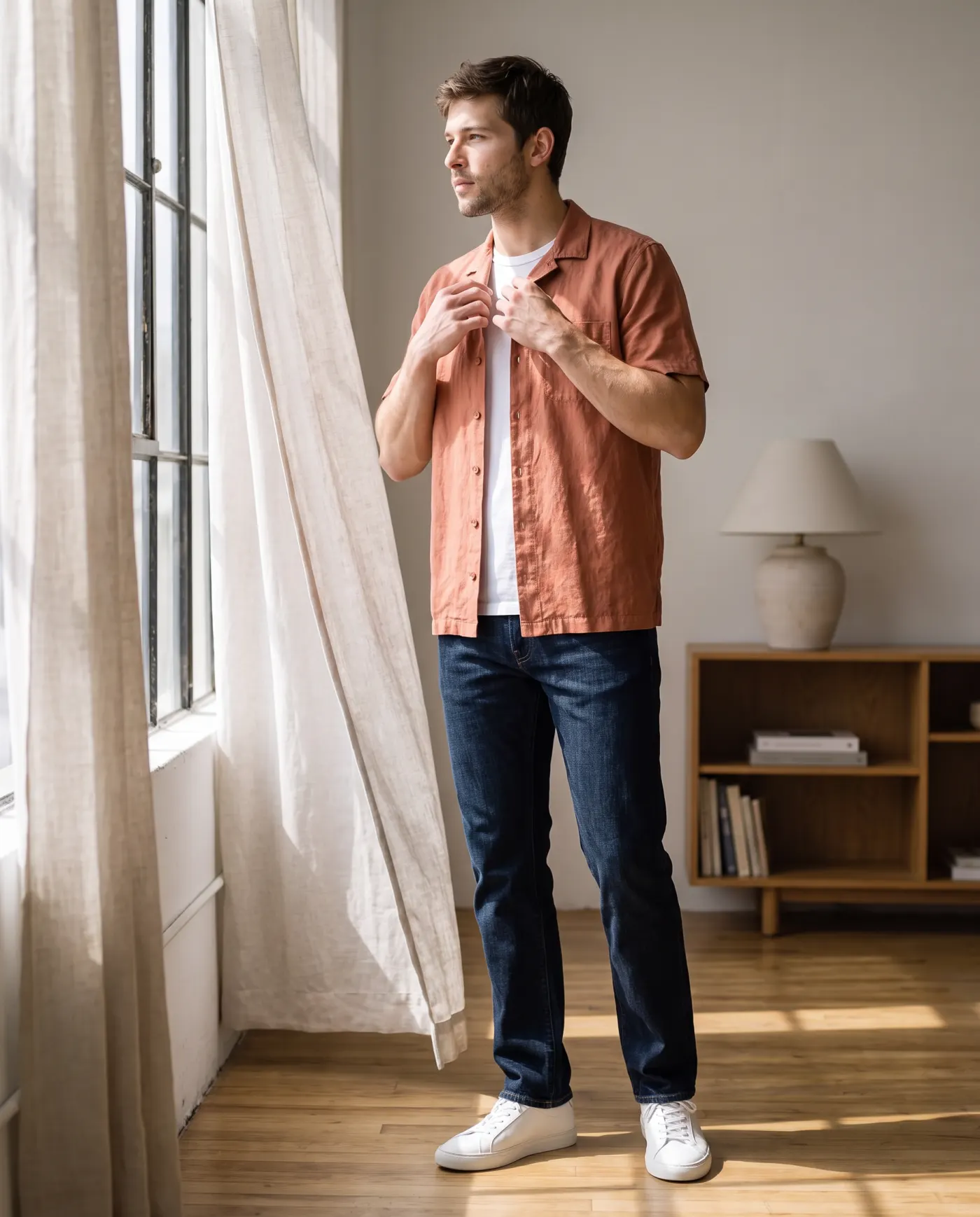 The same shirt worn in a loft beside a linen curtain