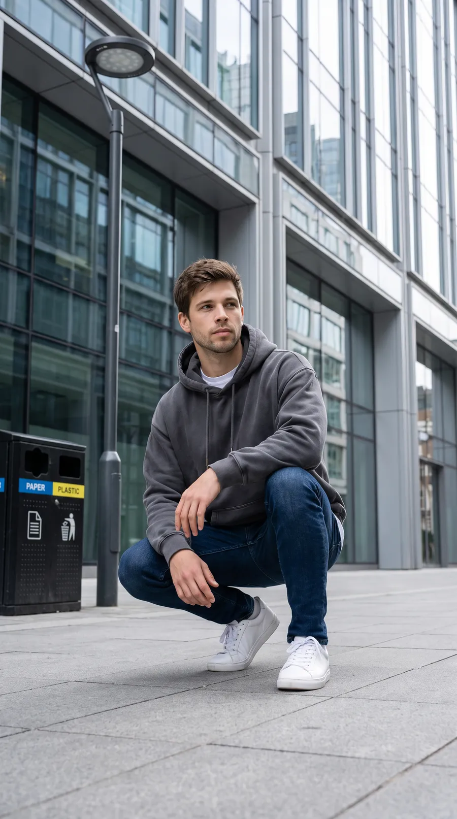 The charcoal hoodie on a man crouching on a city pavement