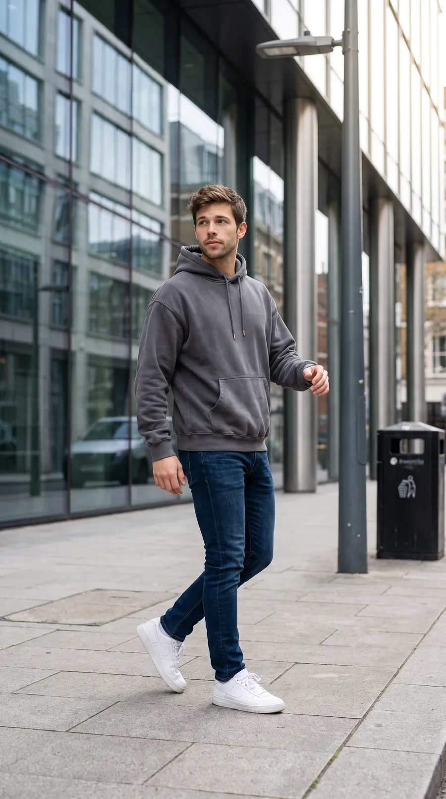 The charcoal hoodie on a man walking past glass offices