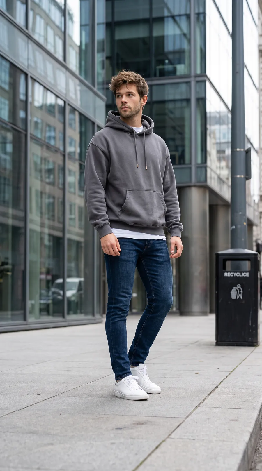 The charcoal hoodie on a man standing on a city street