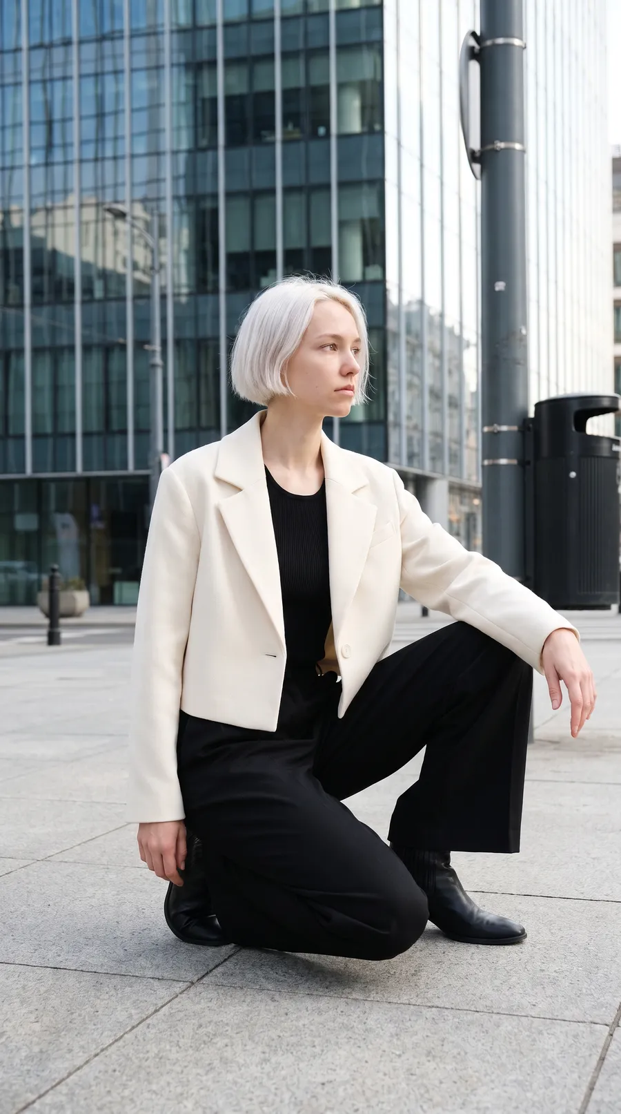The cream cropped jacket on a woman crouching on a city plaza