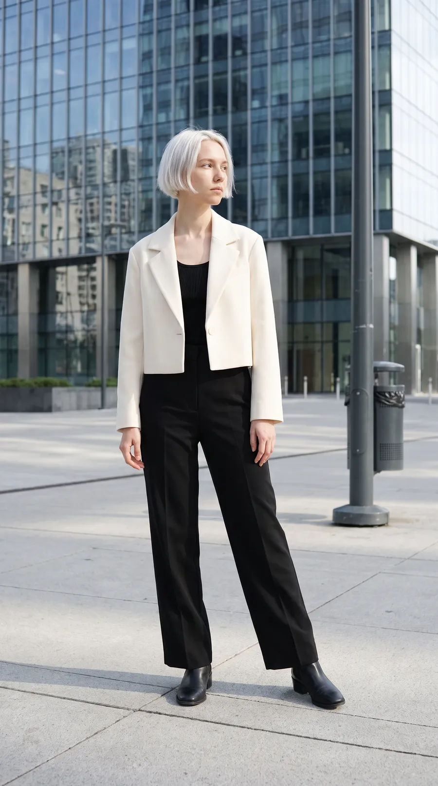 The cream cropped jacket on a woman standing in front of a glass tower