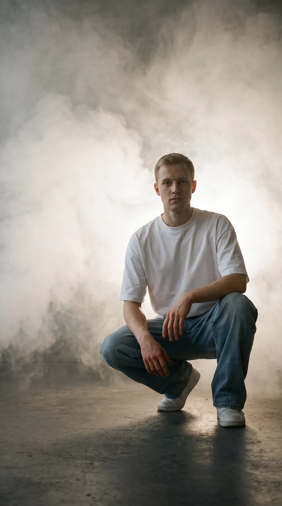 The white T-shirt on a man crouching in front of studio haze