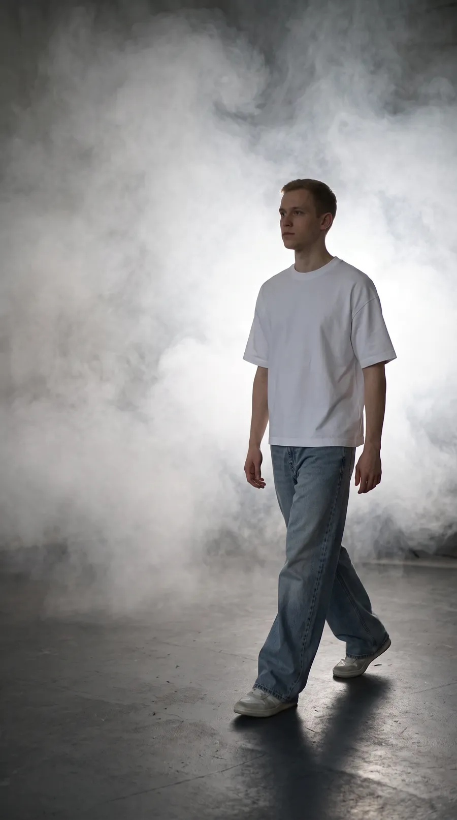 The white T-shirt on a man walking through studio haze