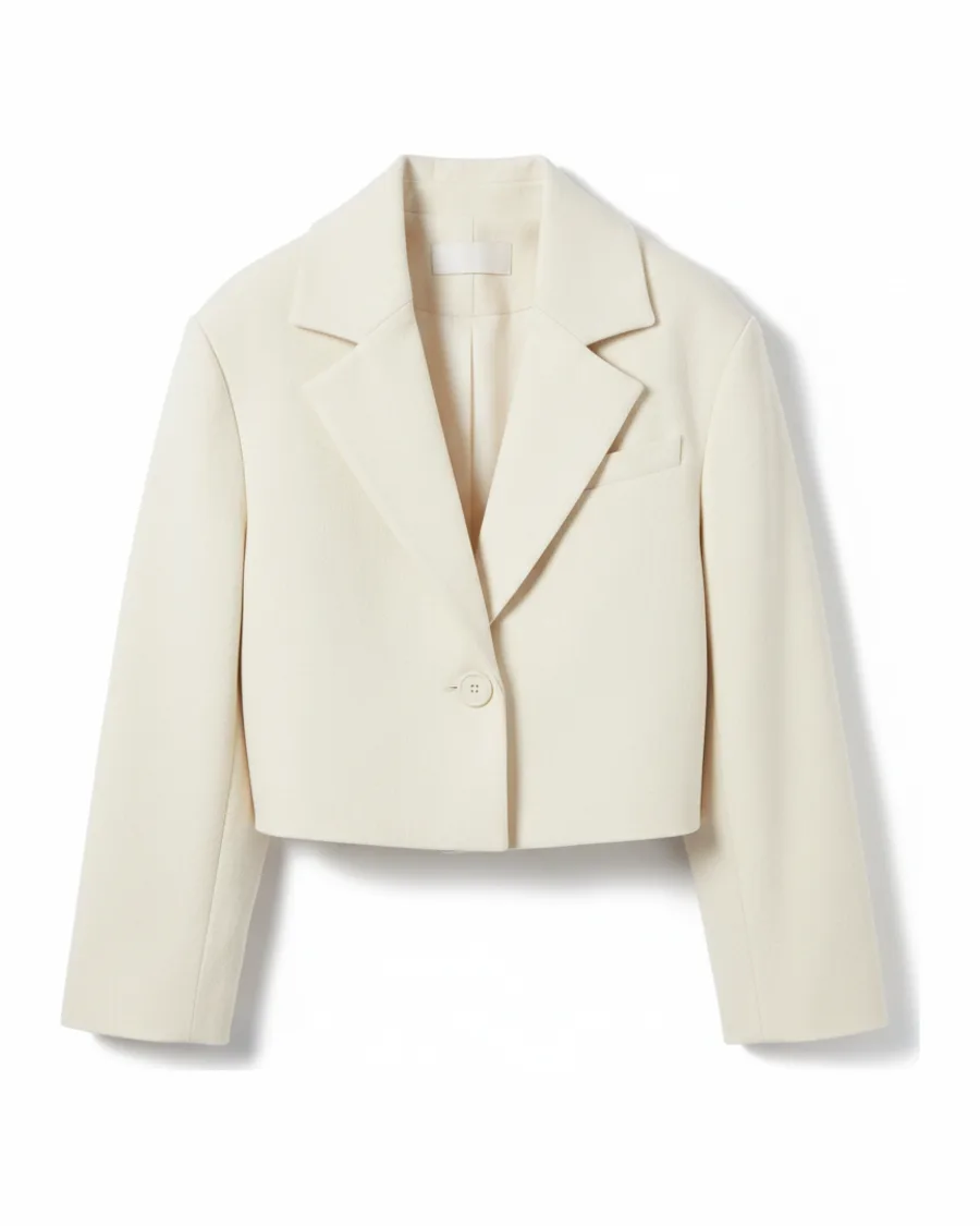 The jacket's catalog photo: a cream boxy cropped jacket on white