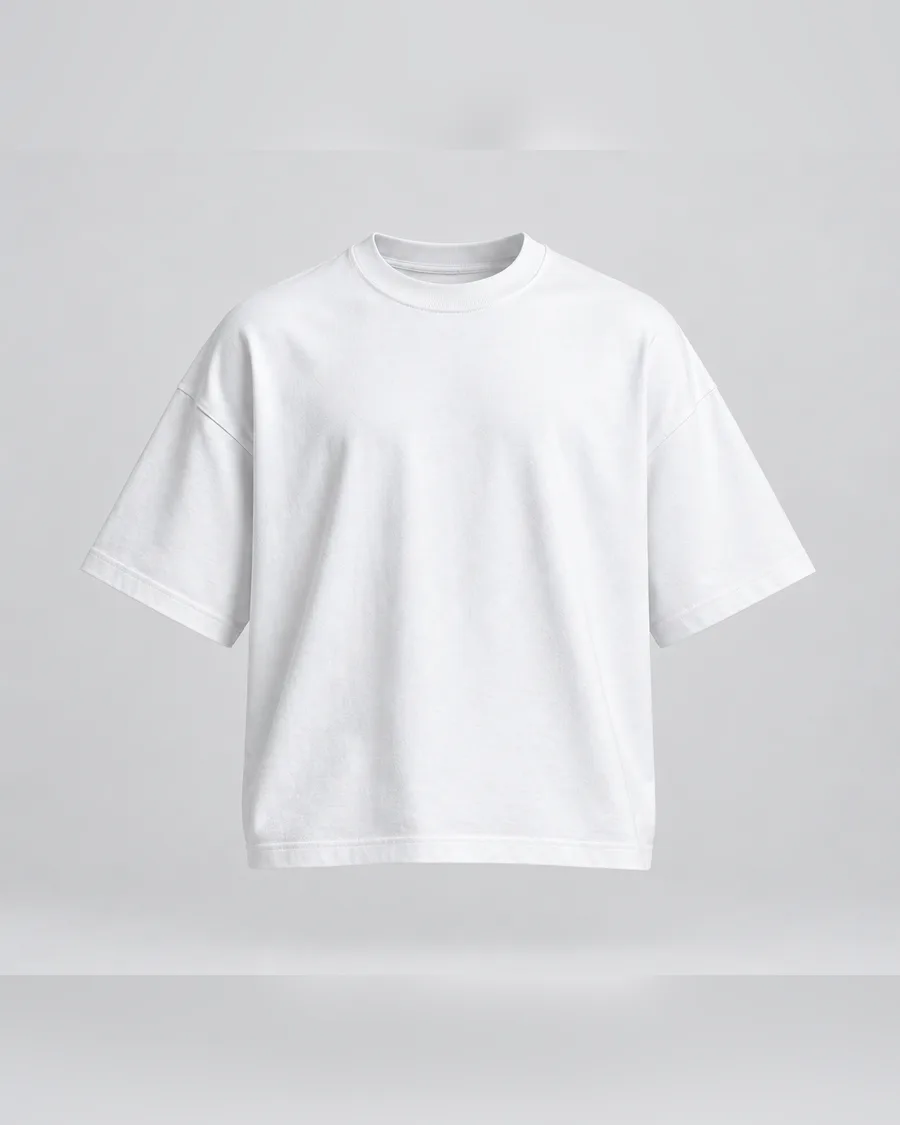 The T-shirt's catalog photo: a white boxy T-shirt on grey