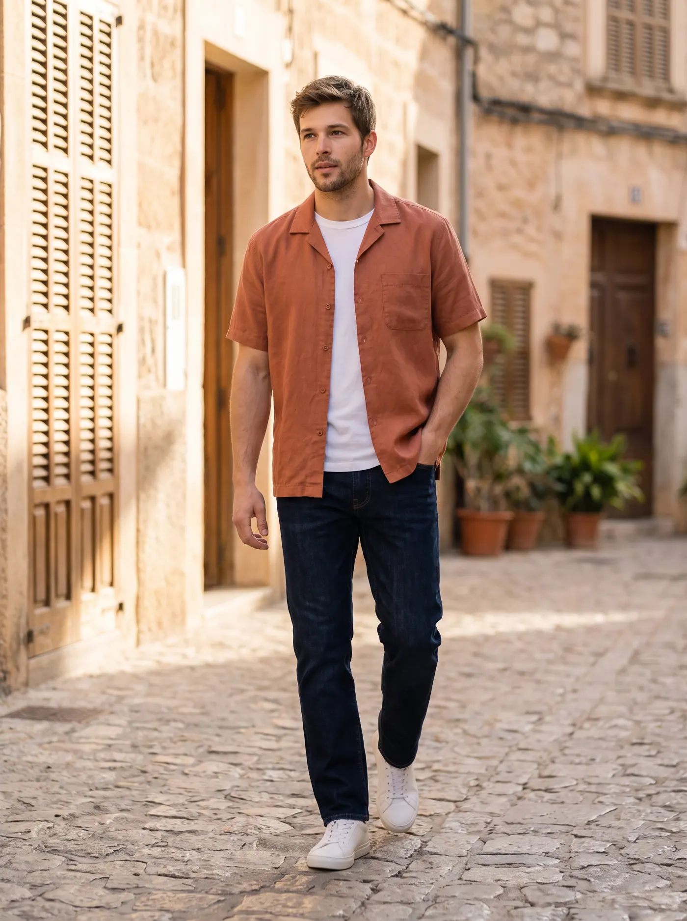 The same shirt worn on a stone old-town street in late-afternoon light