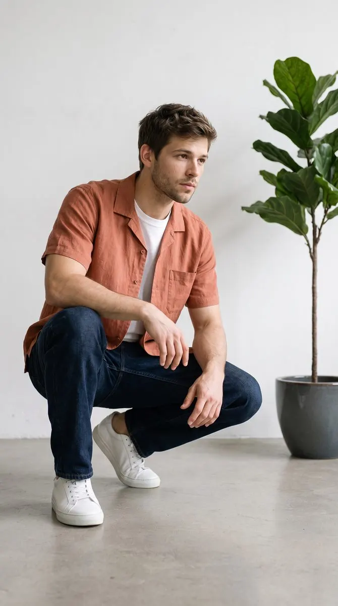 The shirt on a model crouching in a white studio