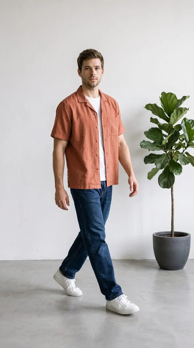 The shirt on a model walking across a white studio