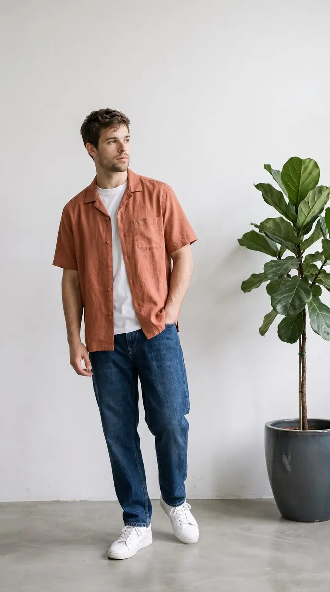 The shirt on a model standing in a white studio