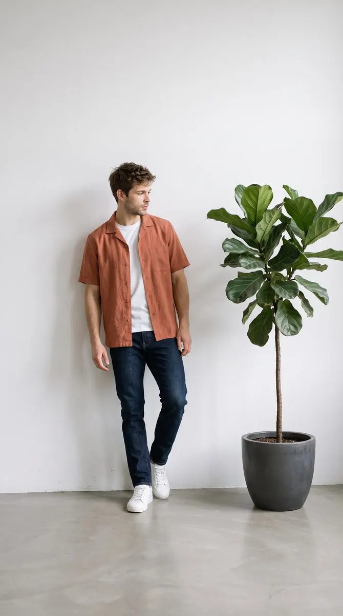 The shirt on a model leaning on a white studio wall